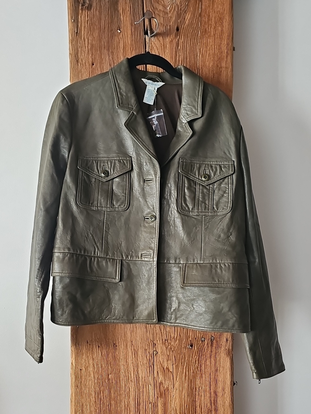 NWOT Sundance Olive Green Lamb Leather Utility Safari Jacket Women's Sz L $498
